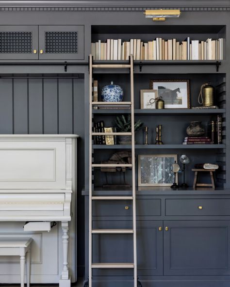 Bookcases Around Piano, Dark Grey Office, Moody Library, Moody Backdrop, Dark Library, Piano Living Rooms, Mindy Gayer Design, Dark Paint Colors, Black Rooms