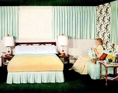 50s Living Room, 50s Bedroom, 1950s Bedroom, 1950 House, 1950s Interior Design, Mid Century Bedroom Decor, 1950s Life, 1950s Interior, Vintage Bedrooms