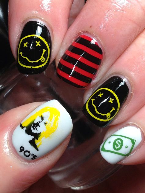 Rock Band Nail Art, Nirvana Nail Art, Rock Music Nails, Rock Band Nails, Punk Rock Nails, Nirvana Nails, Theme Nails, Music Nails, 90s Nails