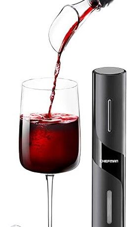 Chefman Electric Wine Opener Makes Opening Bottles Fast, Foolproof, And Fun! Black, Battery-Operated 4-Piece Corkscrew Set Comes With A Foil Cutter, Pourer, And Vacuum Stopper Dinner For Friends, Hosting Dinner, Wine Pourer, Electric Wine Opener, Wine Bottle Opener, Wine Opener, Vacuum Pump, Battery Operated, Red Wine