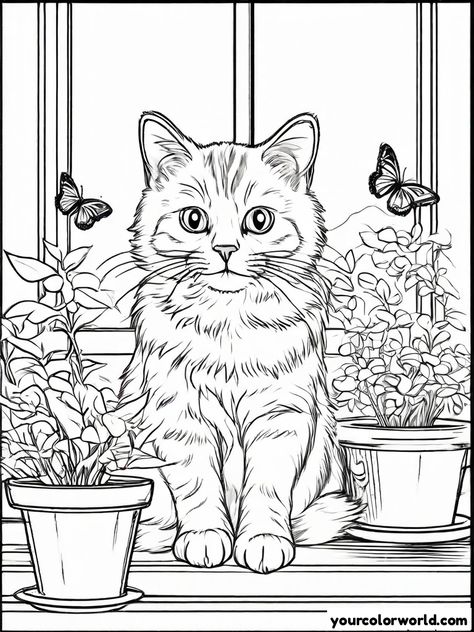 Cat lounging on a windowsill surrounded by potted plants and butterflies. Window Sill Drawing, Cat Sitting On Window Sill, Cat Sitting In Window, Windowsill Drawing, Sitting On Window Sill, Cat On Windowsill, Sitting On Window, Drawing Of A Cat, Cat Lounging