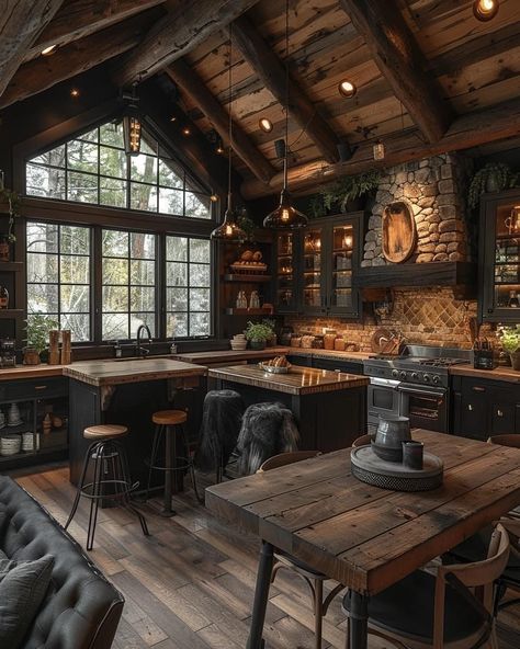 Dark Lodge Aesthetic, Dark Cabin Aesthetic, Rustic Dark Kitchen, Dark Wood Cabin, Dark Rustic Home Decor, Dark Rustic Kitchen, Western Gothic Decor, Black Log Cabin, Moody Mansion