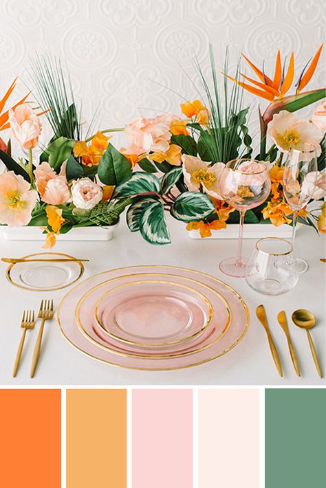 Tropical Wedding Colors, Tropical Wedding Color Palette, Tropical Wedding Theme, Tafel Decor, Fiesta Tropical, Wedding Palette, Hawaiian Wedding, Wedding Theme Colors, Tropical Colors