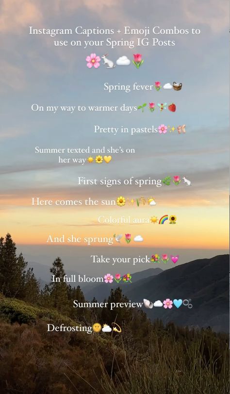 Emoji For Nature, Insta Emoji Captions, Caption For Spring, Spring Emojis Combos, Instagram Captions Spring, Emoji Caption For Instagram, Instagram Emoji Captions, Instagram Captions Emojis, Simple Instagram Bios