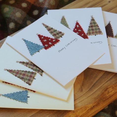 Tweed Crafts, Fabric Christmas Cards, Handcrafted Christmas Cards, Handmade Christmas Cards, Simple Christmas Cards, Sewing Cards, Christmas Card Art, Fabric Cards, Christmas Crafting