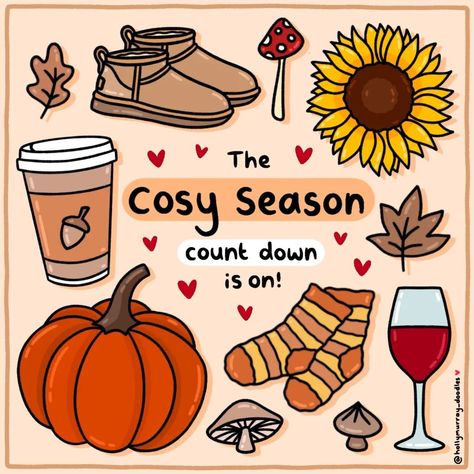 Holly Murray | Doodles | The ✨️🍂 COSY SEASON 🍂✨️ count down is on! 😍 Can't believe how quick August has flown by - and that it's September next week! 😍 I've… | Instagram Cozy Doodles, September Doodles, Cozy Stickers, Cozy November, Cosy Season, Fall Shows, Adventure Aesthetic, Cozy Season, Roblox Codes