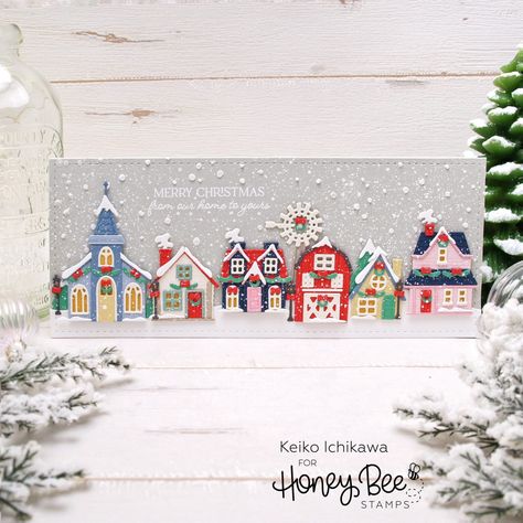 Christmas Village Slimline Card : Honey Bee Stamps Christmas Village Card, Die Cut Christmas Cards, Summer Cabins, First Christmas Card, Winter Village, Holiday Stamping, Honey Bee Stamps, Bee Cards, Happy Tree