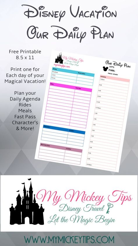 Disney Vacation Daily Park Planner - Free Printable • Disney Vacations | Printable Planner by  Shirley Brink Disney Planning Printables, Vacation Budget Planner, Disney Budget, Disney Printables Free, Disney Deals, Budget Planner Free, Universal Vacation, Disney Planner, Disney On A Budget