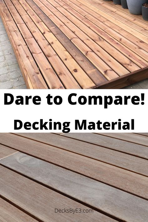 There are five popular types of decking options for backyard decks. The options for decking are pressure treated wood, cedar, composite, pvc and ipe. They all have there advanatages and disadvantages as decking material. To make an informed decision it is good to compare all five materials costs, maintence, durability just to name a few. Regardless of the decks design the decking impacts the look and feel of each deck. Along with the construction and budget of the overall deck. Treated Wood Deck, Wood Deck Designs, Deck Material, Timbertech Decking, Backyard Decks, Ipe Wood Deck, Deck Cost, Building A Floating Deck, Decking Options