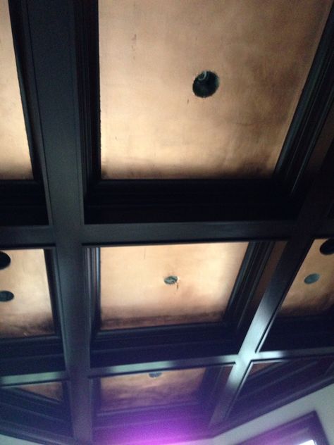 Copper Ceiling Paint, Dark Coffered Ceiling, Trailer Porch, Bourbon Room, Copper Ceiling, Ceiling Finishes, Future Bedroom, Gold Ceiling, Dark Home Decor