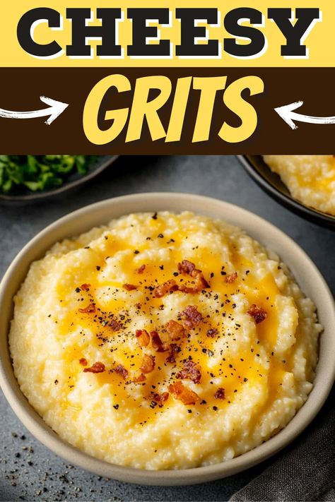 Get a taste of the South with these classic cheesy grits! They're perfect for breakfast, lunch, dinner, or anytime a craving strikes. Cheese Grits With Velveeta, Grits With Cheese, Cheesy Grits Recipe Pioneer Woman, Goat Cheese Grits, Cheese Grits Recipe Southern Style, Easy Cheese Grits Recipe, Southern Grits Recipe, Grits Dishes, Grits Recipe Breakfast