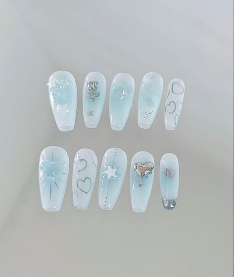 Blue Cinnamoroll Nails, Sanrio Nails Cinnamoroll, Blue Cute Nails, Cinnamon Roll Nails, Cinnamoroll Nails, Acrylic Nails Almond Shape, Makeup Nails Designs, Fake Nails Designs, Asian Nails