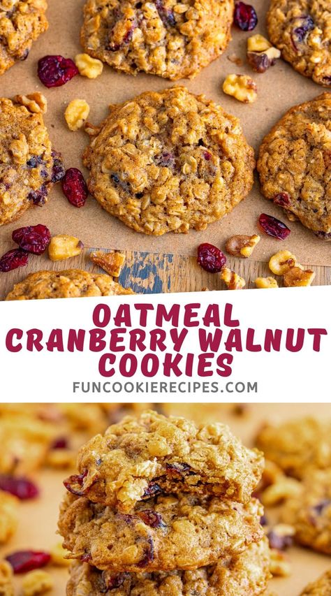 Oatmeal Cranberry Walnut Cookies Cranberry Nut Cookies, Oatmeal Cranberry Walnut Cookies, Oatmeal Walnut Cookies, Oatmeal Cranberry Cookies Recipe, Cranberry Walnut Cookies, Walnut Cookies Recipe, Fun Cookie Recipes, Cookies With Walnuts, Cookies Cranberry