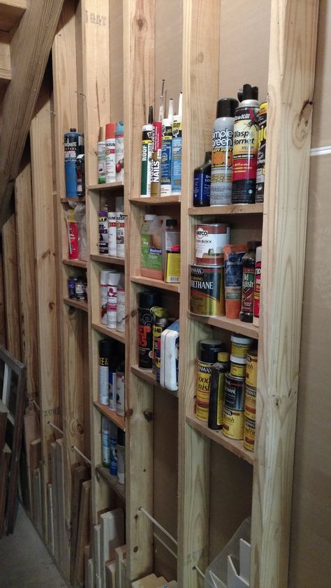 I wanted to utilize the area under my staircase for storage. The wall is sheet rocked on one side, but on the other side, the studs are exposed. What better way to... Shelves Between Studs, Stud Shelves, Between Studs, Storage Shed Organization, Garage Storage Racks, Shed Organization, Basement Storage, Garden Tool Storage, Diy Garage Storage