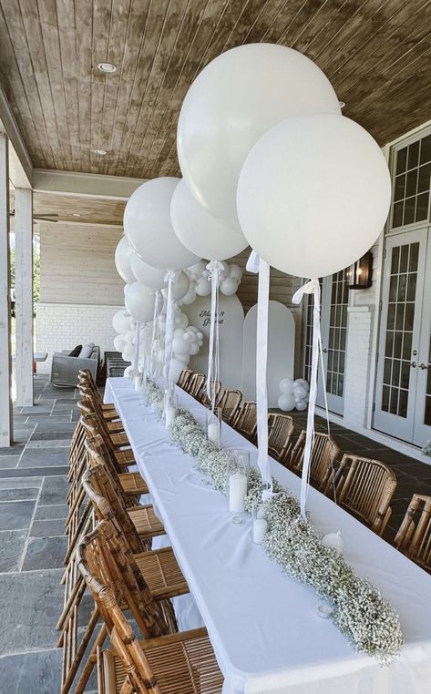 White And Greenery Engagement Party, Engagement Party All White, Engagement Party House Decor, White Bridal Shower Table Decor, Bridal Shower In White Tent, All White Outdoor Party Decor, White Theme Engagement Party, All White Bridal Shower Theme, At Home Bridal Shower Ideas Simple