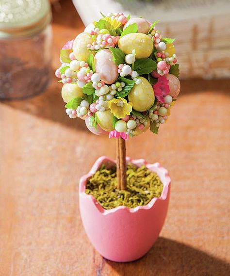 Pink & Yellow Easter Egg Potted Topiary Potted Topiary, Egg Topiary, Shell Pot, Homemade Easter Decorations, Easter Topiary, Decorative Trees, Easter Tree Ornaments, Easter Egg Tree, Easter Tree Decorations