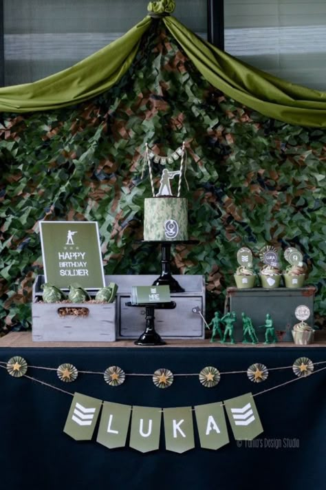 Dessert table from an Army Themed Birthday Party via Kara's Party Ideas | KarasPartyIdeas.com- The place for all things Party! (49) Army Birthday Party Ideas, Army Party Decorations, Camouflage Birthday Party, Army Themed Birthday, Soldier Party, Halo Party, Army Birthday Party, Camo Birthday Party, Army Birthday Parties