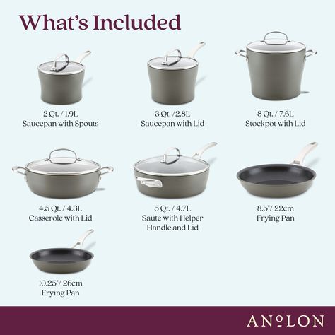 For high-quality performance, durable construction, and the everyday convenience of Infinity Slide nonstick, reach for the Anolon Allure Hard-Anodized Nonstick 12-Piece Cookware Set. Saucepans, Pots And Pans Sets, Stock Pot, Cookware Sets, Pan Set, Cookware Set, Anodized Aluminum, Pots And Pans, Cookware