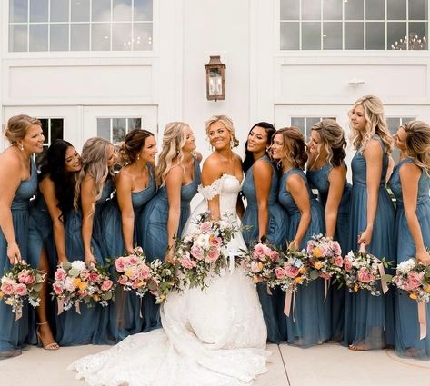 When your I do crew is your something blue! 💙✨ Denim Blue Bridesmaids Dresses, Slate Blue Wedding Colors, Blue Wedding Theme Bridesmaid Dresses, Fall Blue Bridesmaid Dresses, Bridesmaids Something Blue, Elegant Wedding Color Schemes Classy, French Blue Bridesmaid Dresses, Navy Blue Bridal Party, Dusty Blue Wedding Party