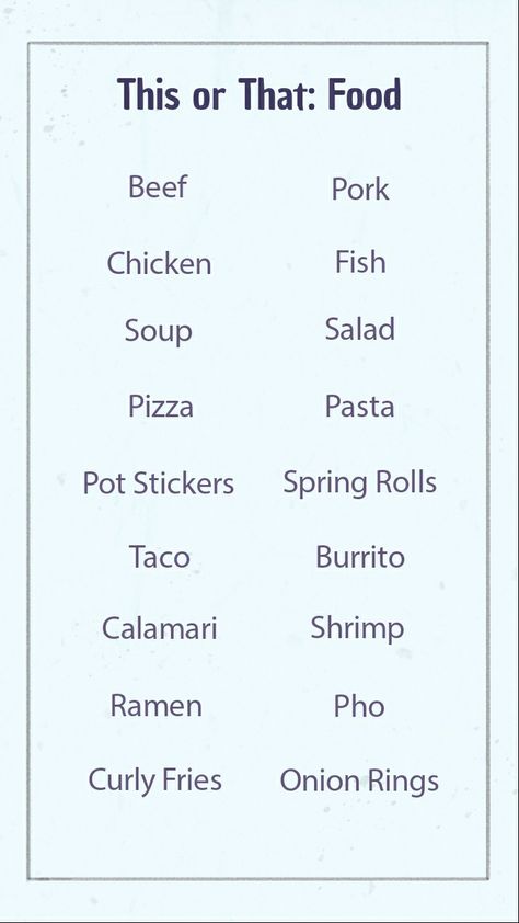 This or That: Food Spill Or Drink Question List, This Or That Questions Food Edition, This Or That Food Edition, Food This Or That Questions, This Or That Food, Food Questions, Shrimp Ramen, Drink Board, Curly Fries