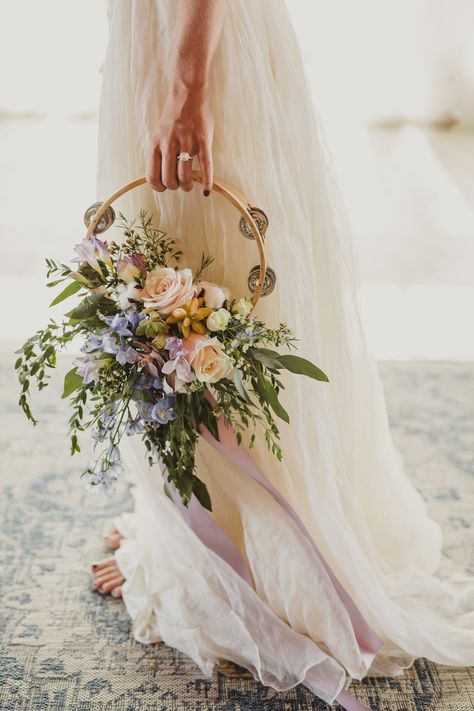 Unique tambourine bridal bouquet with succulents nestled in neutral and pastel tone fresh floral. Baby blue,  lavender and peach boho style bouquet. Hippie Wedding, Bohemian Vibes, Boho Chic Wedding, Bohemian Bride, Festival Wedding, Boho Bride, Bride Bouquets, Brides And Bridesmaids, Bohemian Wedding