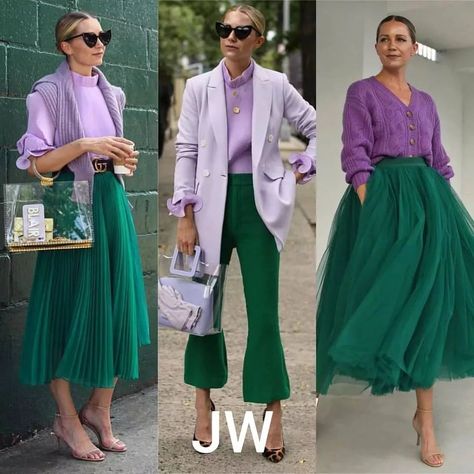 Purple Top Outfit, Purple Skirt Outfit, Green Skirt Outfits, Tulle Skirts Outfit, Purple Blazer, Colour Combinations Fashion, Color Combos Outfit, Color Blocking Outfits, Color Combinations For Clothes