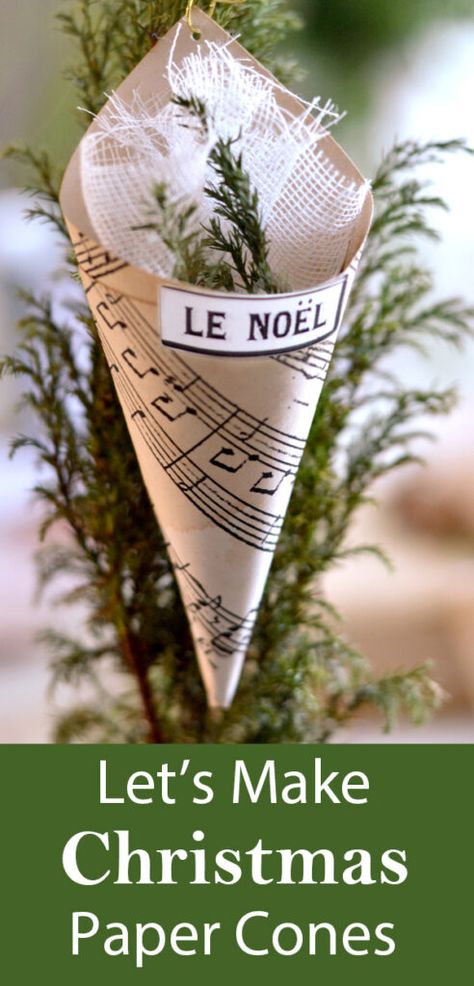 Flower Making With Paper, Sheet Music Ornaments, Cone Template, Diy Christmas Crackers, Victorian Christmas Decorations, Journaling Tags, Cones Diy, Victorian Christmas Ornaments, Christmas Cones