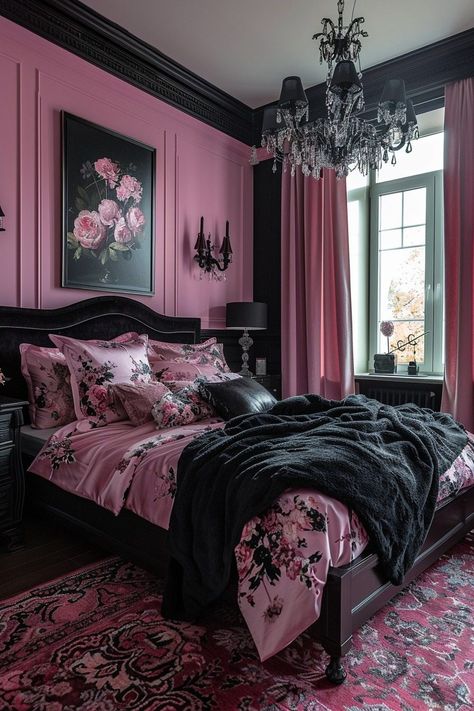 29 Stunning Pink and Black Bedroom Ideas for a Chic and Modern Look 18 Pink And Black Closet, Black And Pink Living Room, Modern Feminine Bedroom, Pink And Black Bedroom Ideas, Pink Black Aesthetic, Pink And Black Bedroom, Black Bedroom Ideas, Small Bedroom Ideas For Women, Gothic Decor Bedroom