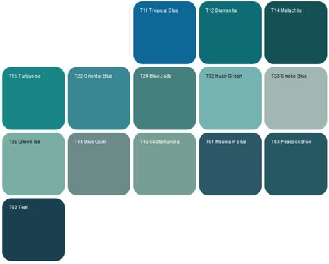 Epoxy plain coat 'Teals' from the AS2700 range Teal Inspiration, Blue Porch Ceiling, Brand Colour Palette, Blue Porch, Metallic Epoxy Floor, Plain Coats, Blue Shades Colors, Beautiful Kitchen Cabinets, Dyed Hair Blue