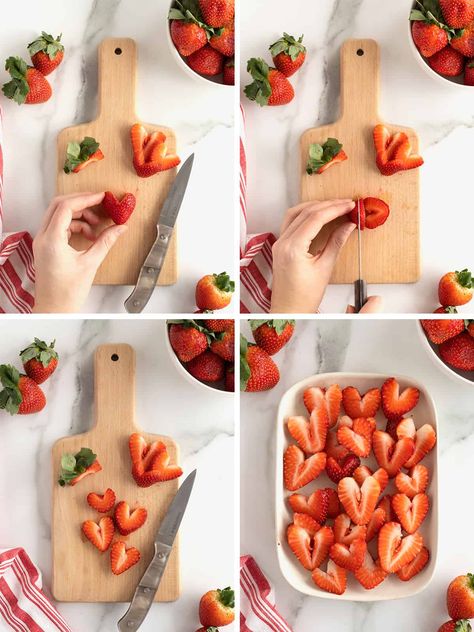 How To Make Heart Strawberries, Heart Shape Appetizer, Cut Strawberries Into Hearts, Heart Shape Strawberries, Strawberry Hearts How To Cut, How To Cut Strawberries Into Hearts, Cute Ways To Cut Strawberries, Cut Strawberries Fancy, Heart Shaped Treats