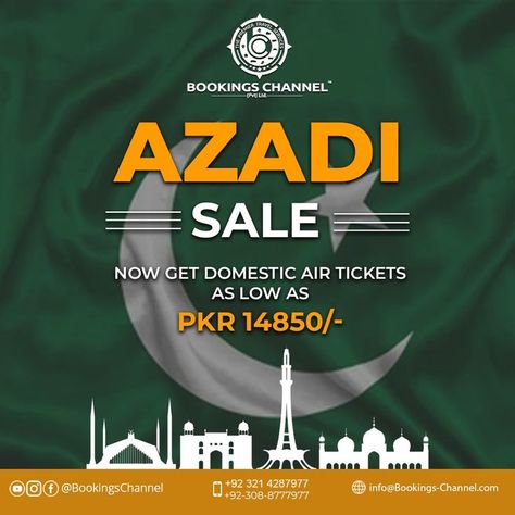 ⭐️🇵🇰 Bookings Channel Azadi Sale ⭐️🇵🇰

Get Domestic Ticket @ 14850/- 

Hurry Up !  Don't miss out this chance
 
Dial now for booking:

�📱+92 321 4287977
📱+92 308 8777977
✉️  info@bookings-channel.com 
✉️ faisal@bookings-channel.com 

Our Services:
Visa Consultancy | Air Tickets | Hotels | Transfers | Sightseeing | Umrah Packages | Cruise | Cargo | Sports Travel

#bookingschannel #HappyIndependenceDay #happyindependenceday2022 #pakistan #PakistanZindabad #JashneAzadi #Jashan #14August Air Tickets, Service Trip, Poetry, Gaming Logos, ? Logo