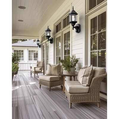 Motion Sensor Outdoor Porch Lights - Dusk to Dawn Exterior Lighting Fixtures, Anti-Mosquito Waterproof Wall Lights for Outside, Garage, Front Door and Patio Charlton Home® | Charlton Home® Duax Wall Light Glass in Black | 16.49" H X 7.68" W X 6.22" D | Wayfair Porch Lights Fixtures, Front Porch Wedding, Front Porch Lighting Ideas, Outdoor Porch Lights, Porch Light Fixtures, Front Porch Lighting, Porch Landscaping, Porch Lights, Porch Remodel