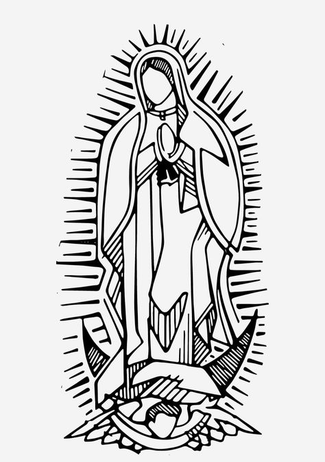 Simple Guadalupe Tattoo, Simple Virgin Mary Drawing, Virgin Mary Stencil, Outline Drawing Tattoo, San Judas Drawing, Easy Virgencita Drawing, Virgin Mary Outline, Virgin Mary Outline Drawing, Virgin Mary Tattoo Design