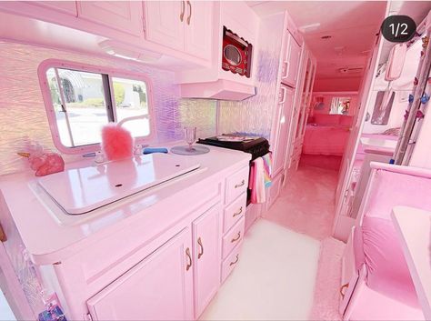 Pink Van Conversion, Cute Van Life, Pink Rv Remodel, Pink Camper Interior, Cute Rv, Shabby Chic Campers, Pink Camper, Travel Trailer Decor, Barbie Camper