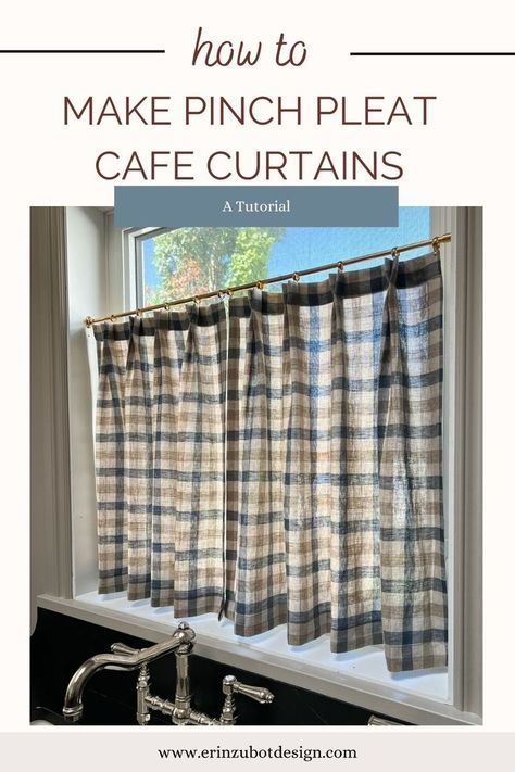 checkered beige and blue linen pinch pleated cafe curtains hanging in a kitchen window with a polished nickel bridge faucet and black soapstone countertops Pleated Cafe Curtains, Diy Kitchen Curtains, Curtains For Windows, Kitchen Curtains And Valances, Cafe Curtains Kitchen, Affordable Curtains, Cottage Curtains, Cafe Curtain Rods, Half Curtains