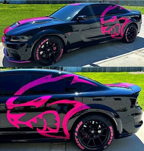 Black And Pink Charger, Pink Srt Charger, Pink Hellcat Srt, Unique Car Paint Jobs, Pink Scat Pack, Hellcat Widebody Charger, Nice Sports Cars, Pink Escalade, Pink Dodge Charger