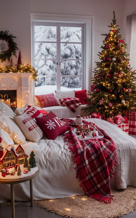 festive bedroom decorations, holiday bedroom setup, cozy Christmas room decor, holiday bedroom inspiration Christmas Room Cozy, Christmas Theme Bedroom Ideas, Bedrooms Decorated For Christmas, Cozy Christmas Bedroom Ideas, Cozy Christmas Decor Bedroom, Cute Christmas Room Decor, Christmas Decor Bedroom Ideas, Cozy Christmas Bedroom Aesthetic, Christmas Bedrooms Cozy