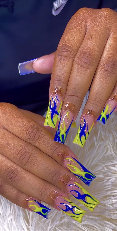 Barbados Nail Design, Multi Color Nail Designs, Blue And Yellow Nails Acrylic, Colorful Flame Nails, Red Blue Yellow Nails, Long Neon Nails, Mail Inspo 2024 Summer, Blue And Yellow Nails Designs, Jamaica Nail Designs