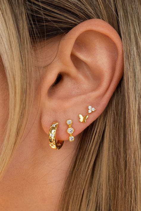 Details Mini Gold Butterfly Studs Materials Gold Plated 925 Sterling Silver 3 Stud Ear Piercing, 3 Piercing Ear Ideas, Double Ear Piercing Studs, Right Ear Piercings, Gold Piercings, Ear Stacks, Minimalist Ear Piercings, Ear Piercing Ideas, Mini Butterfly