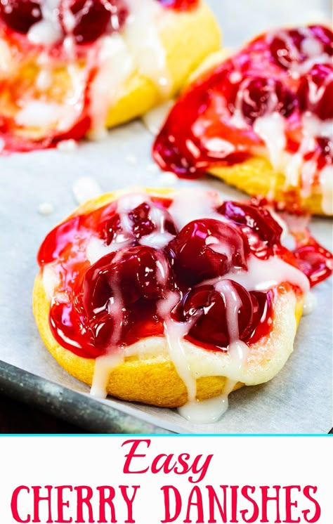 Easy Cherry Danishes made with cherry pie filling and crescent roll dough. Easy Danish Recipe Crescent Rolls, Cherry Danish Crescent Rolls, Crescent Danish, Danishes Recipe, Cherry Danish Recipe, Recipe With Crescent Rolls, Cherry Danish, Congo Bars, Crescent Roll Recipes Dessert