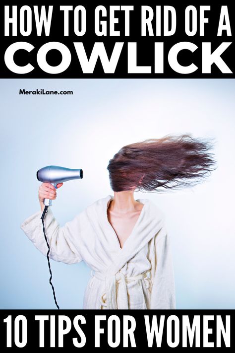 10 Must-Know Cowlick Hair Tips for Women | While you can't get rid of a cowlick completely, there are tons of hair tips and styling hacks that can make it more manageable. In this post, we share everything you need to train your hair to do what you want it to do. Click to learn the best haircuts and hair parts for women with cowlicks, the best and worst hair products, blow-drying techniques, whether bangs and layers are the right option for you, plus a step-by-step hair styling tutorial! Short Hairstyle Women With Cowlick, Haircuts With Cowlicks For Women, Hairstyles With Cowlicks For Women, Training Bangs Hair, Haircuts For Cowlicks Woman, How To Style Bangs With A Cowlick, Best Bangs For Cowlick, Short Haircuts For Women With Cowlicks, Cow Lick Hair How To Get Rid