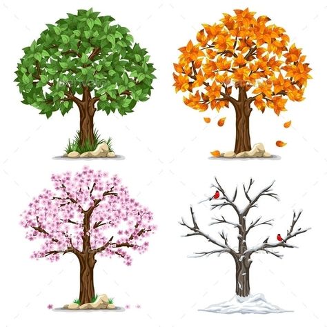 Four Seasons by mari_pazhyna | GraphicRiver Four Seasons Painting, Cartoon Nature, Four Seasons Art, Nagomi Art, Boom Kunst, Pola Kotak, Summer Trees, Siluete Umane, Weather Seasons