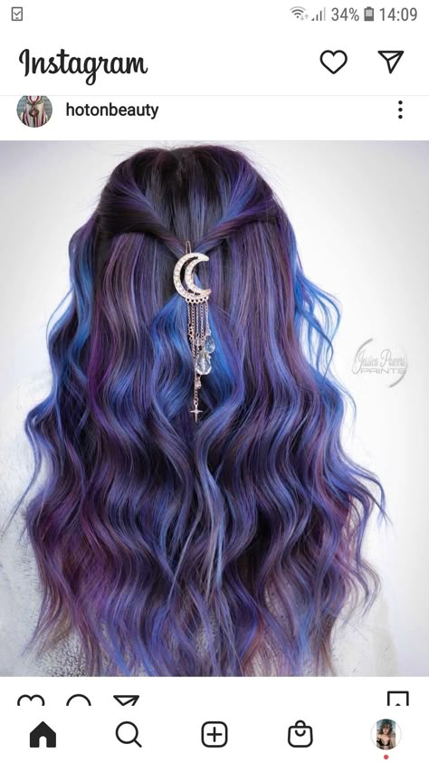 Brown Purple Blue Hair, Blue And Purple Balayage, Blue Purple Ombre Hair, Hair Color Fantasy Ideas, Brown Hair Dyed Blue, Winter Hair Colours, Purple Blue Hair, Purple And Blue Hair, Galaxy Hair Color