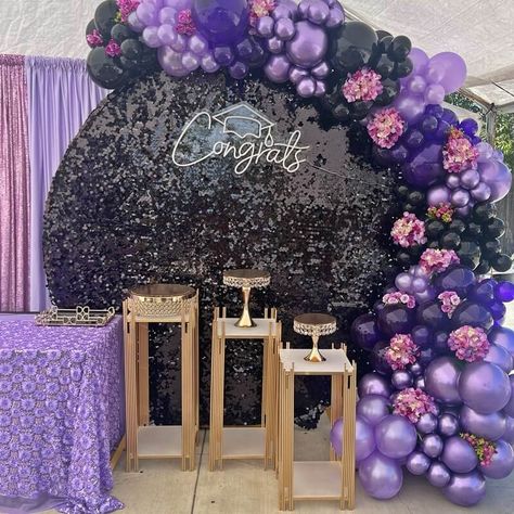 Purple And Black Backdrop, Lilac Tablecloth, Pilot Graduation, Beaded Cake Stand, Beaded Cake, Event Decor Ideas, Sequin Curtains, Party Decorations Table, Purple Quince