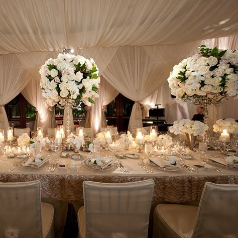 Luxurious reception décor. Love the elegant draping and the beautiful tall centerpieces Romantic Wedding Venue, White Centerpiece, Elegant Wedding Reception, Beverly Hills Hotel, Mod Wedding, Tent Wedding, Reception Ideas, Reception Decorations, Wedding Themes