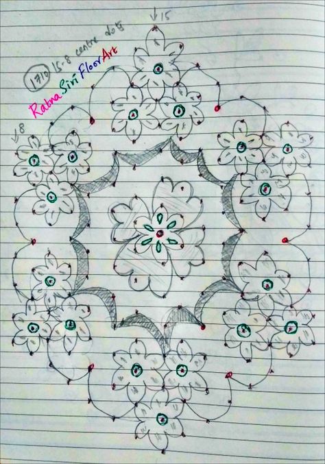 Flowers | Sankranthi | Pongal | 15 Dot daily rangoli design 1710 - 15 to 8 centre dots. #RatnaSiriFloorArt #Rangoli #kolam #muggulu #FollowRatnaSiriFloorArt in FACEBOOK, YOUTUBE & PINTEREST. Daily Rangolis | Everyday rangolis | simple muggulu | easy kolam | small rangoli designs (for Apartment doorstep spaces) | big rangolis (for huge available floor space). Small Rangoli Designs, Simple Muggulu, Daily Rangoli, Small Rangoli, Small Rangoli Design, Rangoli Kolam, Floor Art, Facebook Youtube, Rangoli Design