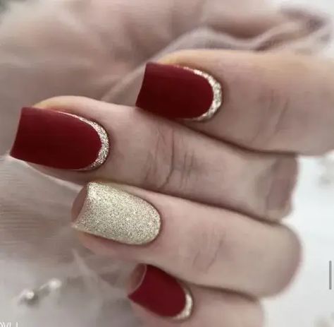 Red Nails With Gold Glitter Tips, Red Gold Manicure, Bright New Years Nails, Red And Gold Nails Square, New Year Pedicure, Red Nails With Gold Foil, Red Gold Nails Design, Red And Gold Glitter Nails, Chinese New Year Nail Design