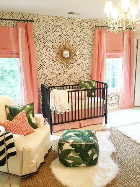 Tropical Wallpaper Bedroom, Black Crib, Nursery Accents, Nursery Accent Wall, Tropical Nursery, Tropical Bedrooms, Nursery Girl, Nursery Curtains, Diy Nursery