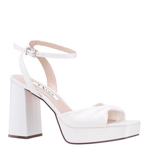 STACIE-IVORY SATIN BLOCK HIGH-HEEL PLATFORM SANDAL Homecoming Heels, Senior Hoco, White Platform Heels, Homecoming Shoes, Bridal Handbags, Wide Width Sandals, Nina Shoes, Evening Sandals, Platform Block Heels