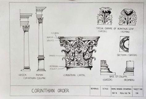 Greek Orders, Architectural Sheets, Corinthian Order, College Assignment, Ionic Order, Roman Design, Architecture Journal, Architecture Styles, Ionic Column